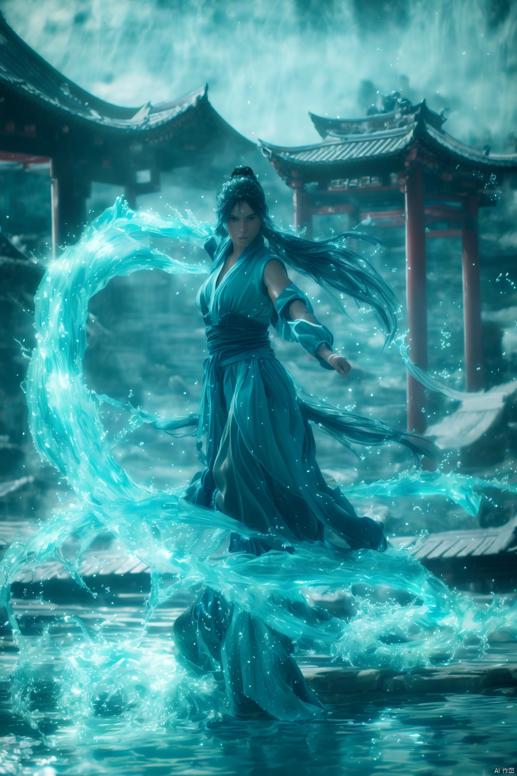 fighting stance,dancing,ancient-costume,cyan-aura,using cyan-water-magic,cyan-water-magic,using cyan-magic,cyan-magic,1girl,solo,long hair,blue eyes,,