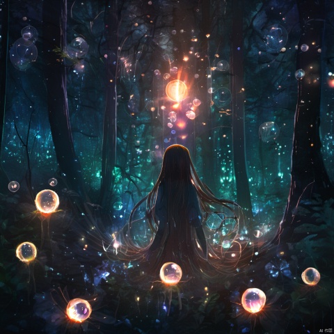  ,The image portrays a mystical and ethereal forest scene at night. The forest floor is illuminated by a myriad of glowing orbs, some of which resemble fireflies, while others have a more luminescent quality. These orbs cast a soft, radiant light that contrasts with the darker shadows of the trees and foliage. In the center of the image, there's a tall, glowing figure with long, flowing hair, standing amidst the orbs. The figure appears to be made of a translucent material, allowing the light to pass through it. The overall ambiance of the image is serene, magical, and otherworldly., forest, nocturnal, glow, orbs, fireflies, radiant light, glowing, luminescent, figure, translucent, ambiance