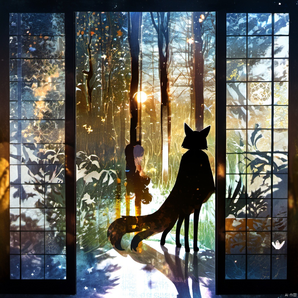  ,a cat sitting on a window sill looking out at the outside of the window with the cat in the window, 1girl, solo, animal ears, standing, tail, japanese clothes, water, from behind, tree, fox ears, fox tail, leaf, sunlight, scenery, reflection, silhouette, sliding doors, sitting, shadow, grass, The image showcases a serene and dreamlike scene set against a backdrop of a forest. A silhouette of a person, possibly a girl, stands in the center, holding a fox-like creature by its tail. The person is dressed in a long dress and appears to be gazing into the distance. The forest is illuminated by a soft, golden light, and there are various elements like leaves, branches, and possibly fireflies scattered throughout. The image is framed by a window or sliding door on the left, which has a grid pattern. The entire scene is overlaid with a myriad of abstract shapes, stars, and patterns, giving it a magical and ethereal quality., serene, dreamlike, forest, fox-like creature, dress, gaze, grid pattern, magical, ethereal