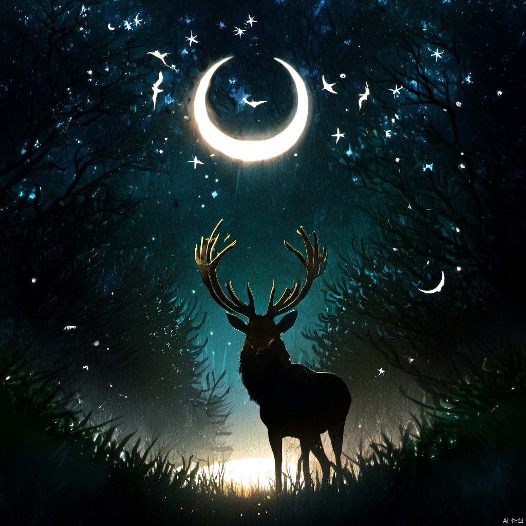  ,a deer standing in the middle of a forest under a crescent moon and stars filled sky with stars and a crescent, outdoors, sky, tree, no humans, night, glowing, moon, grass, star \(sky\), nature, night sky, scenery, starry sky, silhouette, dark, antlers, crescent moon, deer, solo, forest, The image showcases a mystical and enchanting nighttime forest scene. Dominating the sky is a large, glowing crescent moon, casting a soft light over the landscape. The forest is dense with trees, their branches intertwining and forming a canopy. The ground is covered with grass and small plants, and there are a few birds flying in the distance. In the foreground, a majestic stag with large antlers stands, its silhouette illuminated by a soft, golden light. The entire scene is bathed in a blend of cool and warm tones, creating a sense of wonder and magic., mystical, enchanting, nighttime, plants, birds, stag, golden light, tones
