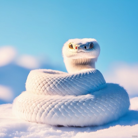  sishe,snake,cute,cc-color-correction,mf-movie-filter,warm colors,whimsy and dramatic lighting,white fur,soft lighting,fluffy,scales,white snake,snake focus,blue theme,blue background,no humans,close-up,simple background,day,looking at viewer,outdoors,oversized animal,snow,sky,,