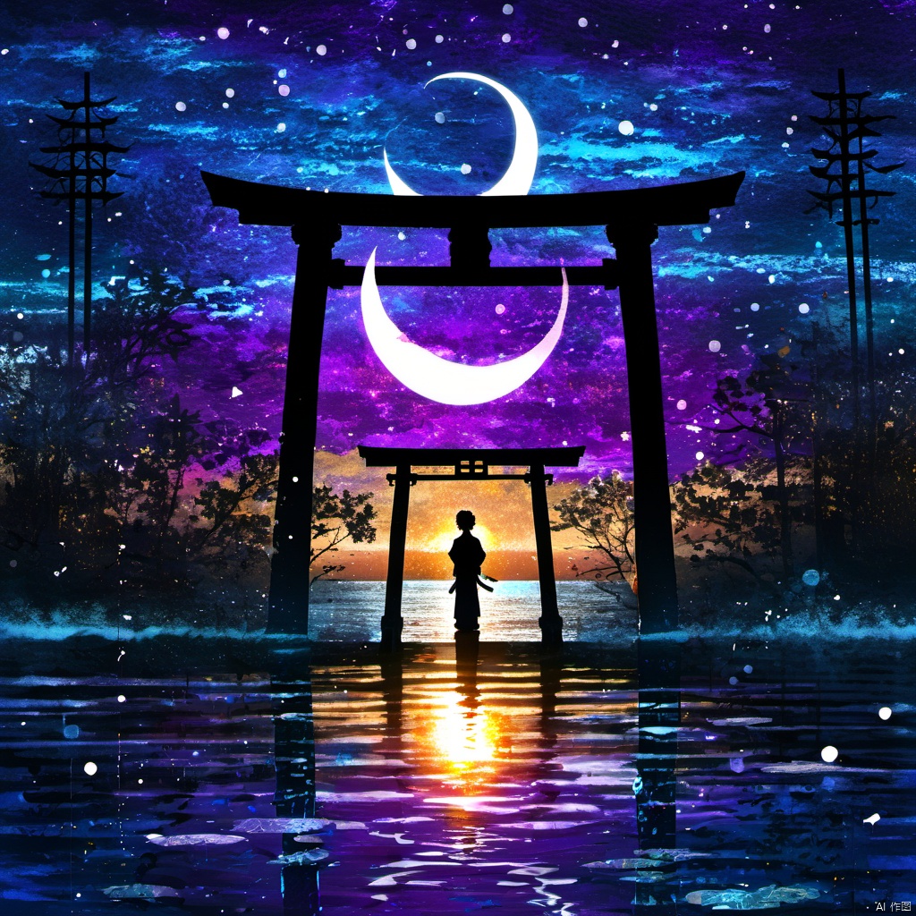  ,The image portrays a serene and mystical night scene. In the foreground, there's a silhouette of a person standing in front of a large, ornate torii gate. The gate is illuminated from the inside, casting a warm, golden glow. The person is dressed in traditional attire, possibly a kimono, and is facing away from the viewer, looking towards the horizon. The background is filled with a mesmerizing blend of colors, predominantly blues and purples, representing the night sky. There are numerous stars scattered throughout, and a crescent moon is visible in the center. The water below reflects the colors of the sky, adding to the tranquility of the scene. On the right side, there's a silhouette of a butterfly, adding a touch of life and movement to the otherwise still image., serene, mystical, night scene, torii gate, golden glow, traditional attire, crescent moon, stars, water, butterfly, silhouette