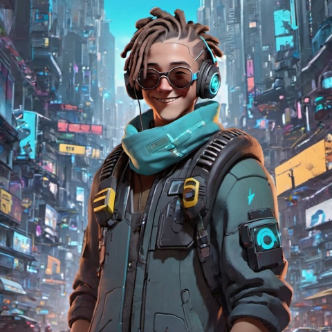 ,,(full body:2),solo,smile,front view,short_hair,1boy,jacket,closed_eyes,male_focus,outdoors,glasses,teeth,bag,scarf,grin,headphones,backpack,city,dreadlocks,brown_hair,sunglasses,ground_vehicle,building,motor_vehicle,cyberpunk,cyberpunk clothes,growing clothes,there is glowing led decorations in the middle of the hair,cyan,the bangs in front of the forehead are cyan,