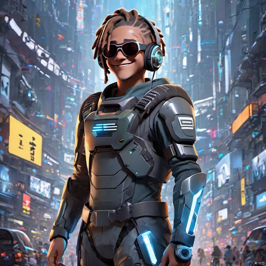  ,,(full body:2),smile,front view,short_hair,1boy,grin,headphones,dreadlocks,brown_hair,sunglasses,teech,luminous led arm,the ground reflects human shadows,sneakers,futuristic armored suit,wearing a futuristic armored suit,led screen,there is a glowing led logo on the clothes,there are glowing led tubes on the clothes,glowing clothes,very dense and numerous led light-emitting tubes on the clothes,future style clothing,