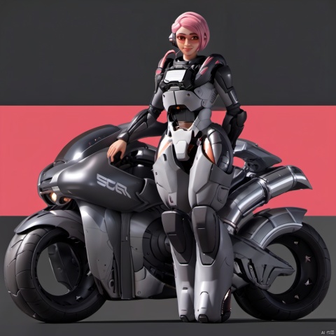  ,lida, 1girl, solo, wearing a futuristic armored suit, transparent and pink goggles, headset with microphone, looking at viewer, smile, short hair, armor, lips, ground vehicle, motor vehicle, science fiction, motorcycle, cyborg, power armor, standing, full body, brown eyes, bodysuit, breastplate, a female character with pink hair and wearing a futuristic armored suit, she stands next to a sleek, dark-colored motorcycle, the suit is predominantly gray with some silver and black accents, the character has a badge or emblem on her chest, and she's holding onto the handlebars of the motorcycle, the background is a bold red and black diagonal stripe, female character, futuristic armored suit, suit is primarily gray with silver and black accents, badge or emblem on her chest, background consists of a bold red and black diagonal stripe