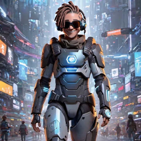  ,,(full body:2),smile,front view,short_hair,1boy,grin,headphones,dreadlocks,brown_hair,sunglasses,teech,futuristic armored suit,wearing a futuristic armored suit,led screen,there is a glowing led logo on the clothes,there are glowing led tubes on the clothes,glowing clothes,very dense and numerous led light-emitting tubes,