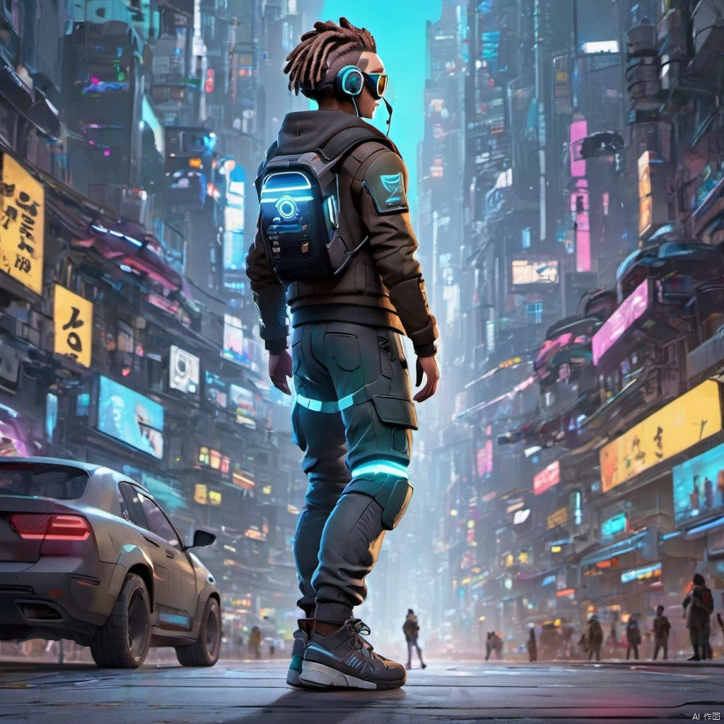  ,,(full body:2),solo,smile,front view,short_hair,1boy,jacket,luminous led arm,the ground reflects human shadows,sneakers,closed_eyes,male_focus,outdoors,glasses,teeth,bag,scarf,grin,headphones,backpack,city,dreadlocks,cyan_hair,sunglasses,ground_vehicle,building,motor_vehicle,cyberpunk,cyberpunk clothes,growing clothes,there is glowing led decorations in the middle of the hair,(full body:2),smile.from behind,short_hair,1boy,grin,headphones,dreadlocks,brown_hair,sunglasses,teech,luminous led arm,the ground reflects human shadows,sneakers,futuristic armored suit,wearing a futuristic armored suit,led screen,there is a glowing led logo on the clothes,there are glowing led tubes on the clothes,glowing clothes,very dense and numerous led light-emitting tubes on the clothes,future style clothing,