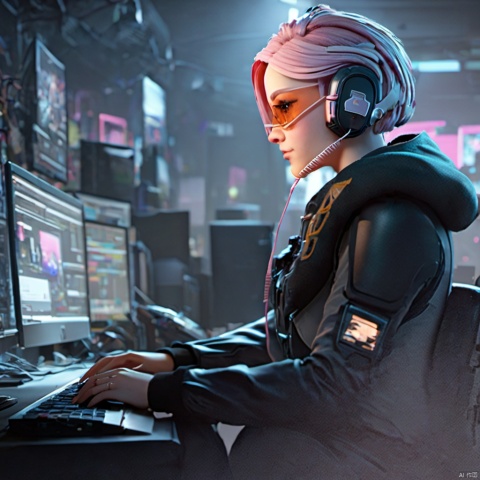  ,lida,1girl,solo,transparent and pink goggles,headset with microphone,futuristic armored suit,wearing a futuristic armored suit,short hair,sitting,jacket,white hair,indoors,hood,from side,lips,profile,headphones,chair,hood down,headset,realistic,nose,computer,monitor,laptop,keyboard \(computer\),office chair,upper body,blurry,hoodie,desk,cable,mouse \(computer\),screen,a female character with pink hair and wearing headphones and a dark outfit,she is seated at a desk,surrounded by various electronic devices including a computer monitor and a keyboard and other equipment,the setting appears to be a dimly lit room possibly an office or a tech lab,with posters and papers on the walls,the character seems to be focused on her work possibly coding or designing,