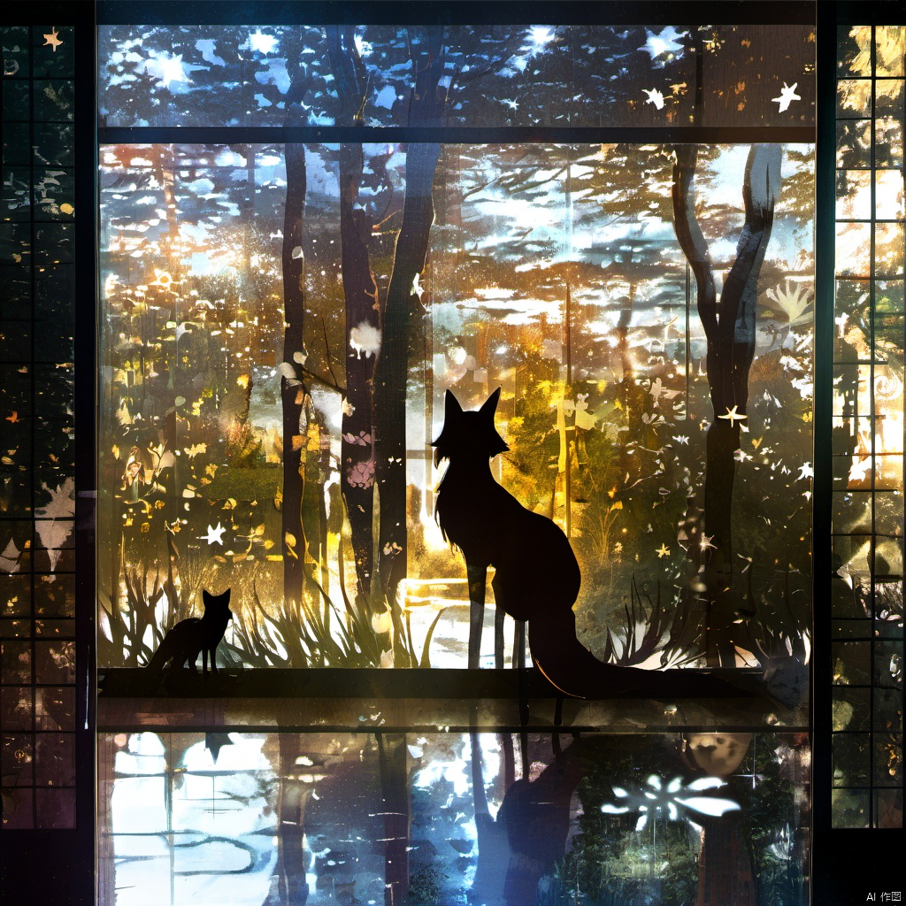  ,a cat sitting on a window sill looking out at the outside of the window with the cat in the window, 1girl, solo, animal ears, standing, tail, japanese clothes, water, from behind, tree, fox ears, fox tail, leaf, sunlight, scenery, reflection, silhouette, sliding doors, sitting, shadow, grass, The image showcases a serene and dreamlike scene set against a backdrop of a forest. A silhouette of a person, possibly a girl, stands in the center, holding a fox-like creature by its tail. The person is dressed in a long dress and appears to be gazing into the distance. The forest is illuminated by a soft, golden light, and there are various elements like leaves, branches, and possibly fireflies scattered throughout. The image is framed by a window or sliding door on the left, which has a grid pattern. The entire scene is overlaid with a myriad of abstract shapes, stars, and patterns, giving it a magical and ethereal quality., serene, dreamlike, forest, fox-like creature, dress, gaze, grid pattern, magical, ethereal