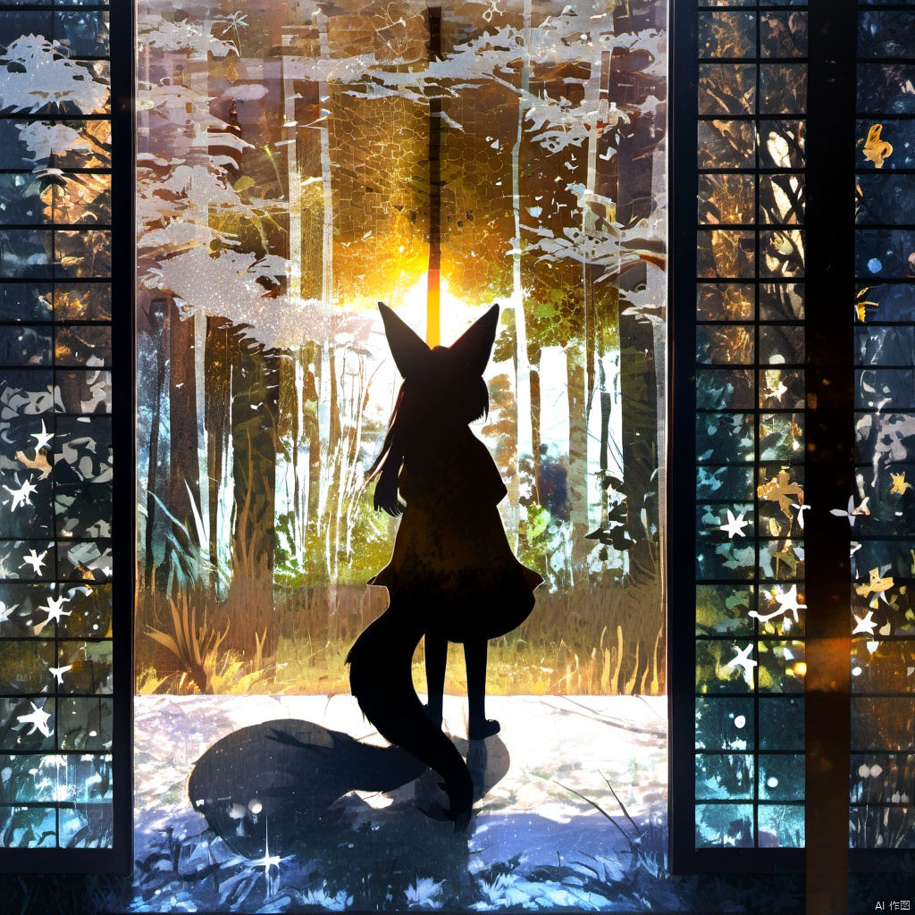  ,a cat sitting on a window sill looking out at the outside of the window with the cat in the window, 1girl, solo, animal ears, standing, tail, japanese clothes, water, from behind, tree, fox ears, fox tail, leaf, sunlight, scenery, reflection, silhouette, sliding doors, sitting, shadow, grass, The image showcases a serene and dreamlike scene set against a backdrop of a forest. A silhouette of a person, possibly a girl, stands in the center, holding a fox-like creature by its tail. The person is dressed in a long dress and appears to be gazing into the distance. The forest is illuminated by a soft, golden light, and there are various elements like leaves, branches, and possibly fireflies scattered throughout. The image is framed by a window or sliding door on the left, which has a grid pattern. The entire scene is overlaid with a myriad of abstract shapes, stars, and patterns, giving it a magical and ethereal quality., serene, dreamlike, forest, fox-like creature, dress, gaze, grid pattern, magical, ethereal