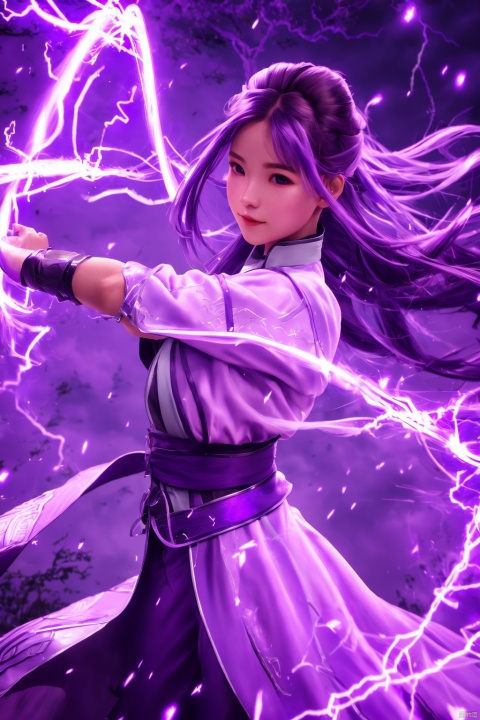 purple-lightning-aura,using purple-lightning-magic,purple-lightning-magic,ancient-costume,dancing,fighting stance,1girl,solo,long hair,brown hair,,purple-aura