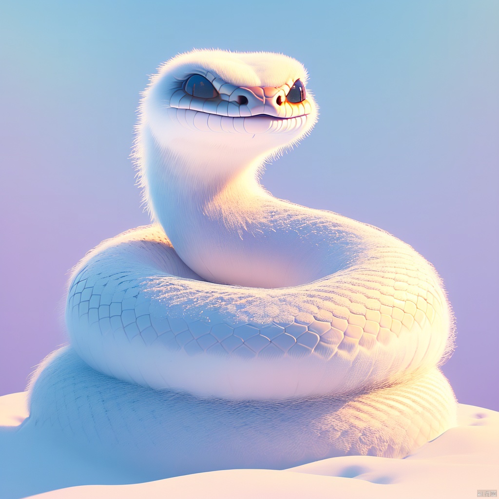  sishe, snake, cute, cc-color-correction, mf-movie-filter, warm colors, whimsy and dramatic lighting, white fur, soft lighting, fluffy, scales, white snake, snake focus, blue theme, blue background, no humans, close-up, simple background, day, looking at viewer, outdoors, oversized animal, snow, sky,