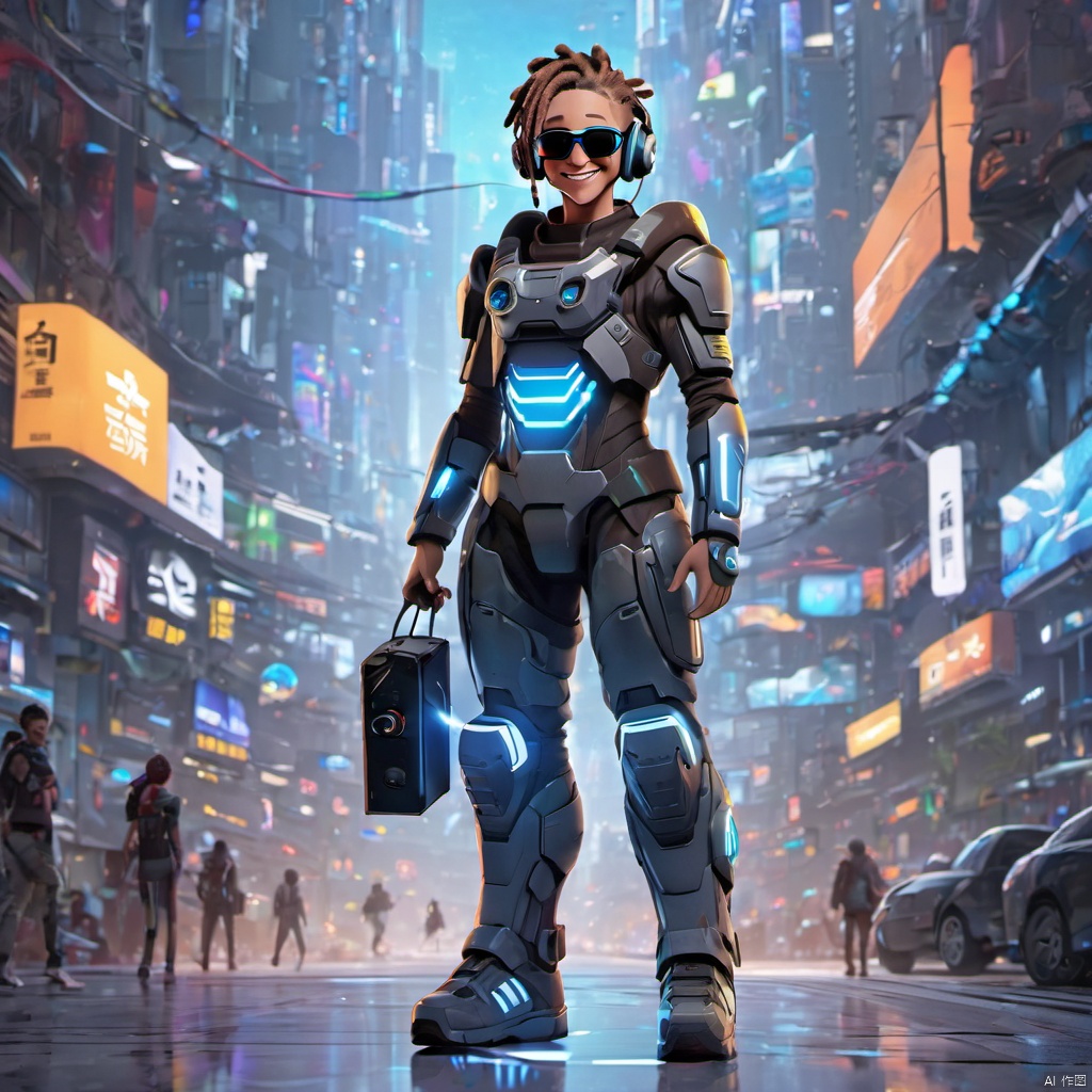  ,,(full body:2),smile,front view,short_hair,1boy,grin,headphones,dreadlocks,brown_hair,sunglasses,teech,luminous led arm,the ground reflects human shadows,sneakers,futuristic armored suit,wearing a futuristic armored suit,led screen,there is a glowing led logo on the clothes,there are glowing led tubes on the clothes,glowing clothes,very dense and numerous led light-emitting tubes on the clothes,future style clothing,