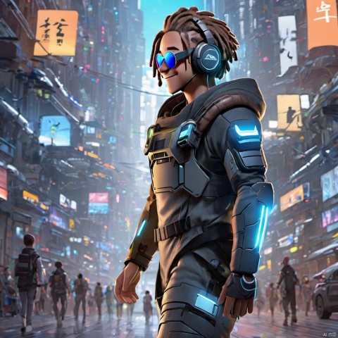  ,,(full body:2),smile.from behind,short_hair,1boy,grin,headphones,dreadlocks,brown_hair,sunglasses,teech,luminous led arm,the ground reflects human shadows,sneakers,futuristic armored suit,wearing a futuristic armored suit,led screen,there is a glowing led logo on the clothes,there are glowing led tubes on the clothes,glowing clothes,very dense and numerous led light-emitting tubes on the clothes,future style clothing,