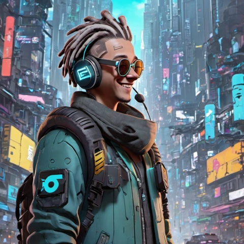  ,,(full body:2),solo,smile,front view,short_hair,1boy,jacket,closed_eyes,male_focus,outdoors,glasses,teeth,bag,scarf,grin,headphones,backpack,city,dreadlocks,cyan_hair,sunglasses,ground_vehicle,building,motor_vehicle,cyberpunk,cyberpunk clothes,growing clothes,there is glowing led decorations in the middle of the hair,