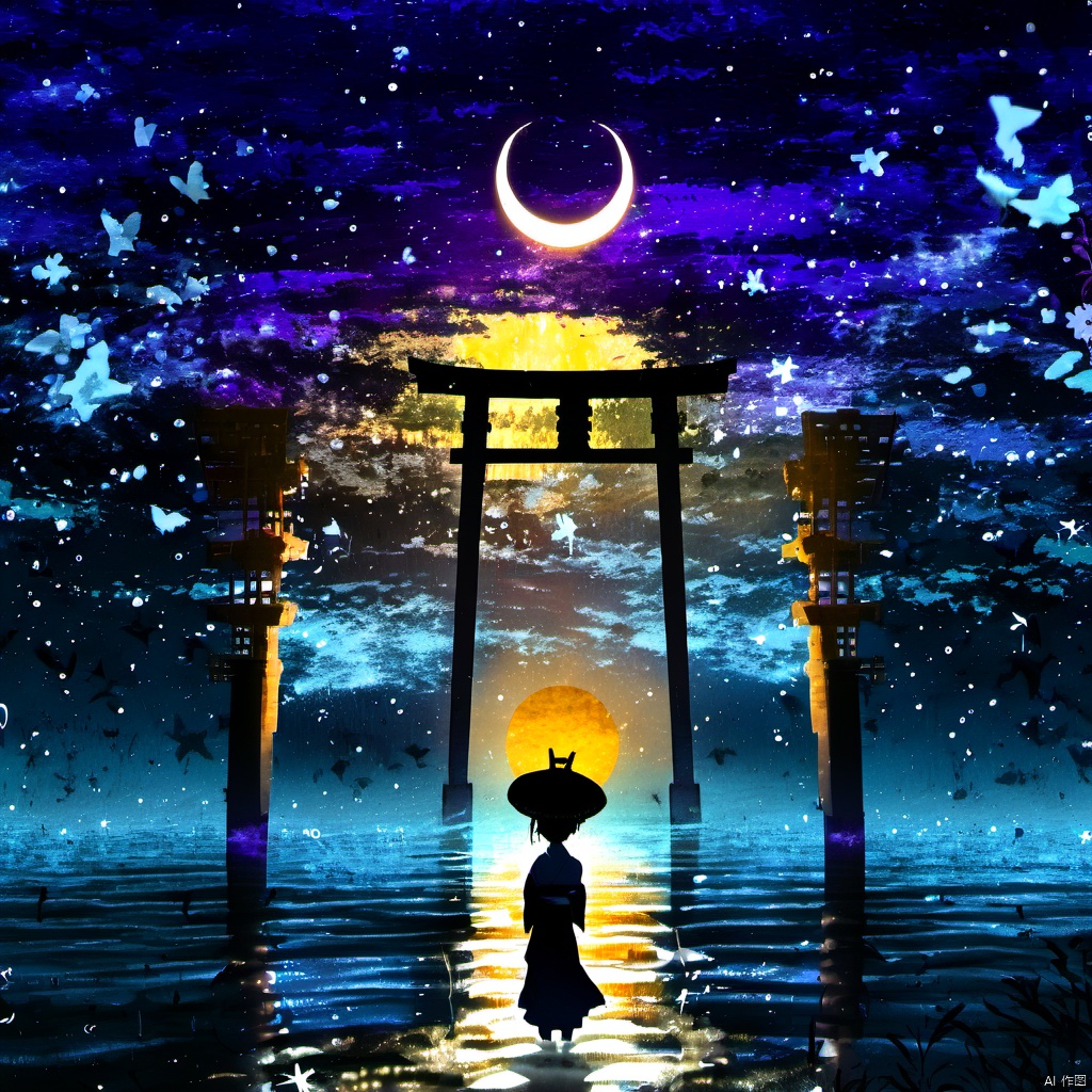 ,a person standing in front of a lantern in the dark with a crescent on it and a full moon in the sky, 1girl, solo, standing, japanese clothes, sky, water, tree, night, moon, bug, scenery, silhouette, torii, crescent moon, star \(sky\), nature, starry sky, The image portrays a serene and mystical night scene. In the foreground, there's a silhouette of a person standing in front of a large, ornate torii gate. The gate is illuminated from the inside, casting a warm, golden glow. The person is dressed in traditional attire, possibly a kimono, and is facing away from the viewer, looking towards the horizon. The background is filled with a mesmerizing blend of colors, predominantly blues and purples, representing the night sky. There are numerous stars scattered throughout, and a crescent moon is visible in the center. The water below reflects the colors of the sky, adding to the tranquility of the scene. On the right side, there's a silhouette of a butterfly, adding a touch of life and movement to the otherwise still image., serene, mystical, night scene, torii gate, golden glow, traditional attire, stars, butterfly