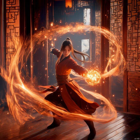  orang-aura,using orang-magic,orang-magic,ancient-costume,dancing,solo,1girl,fire,long hair,ponytail,,