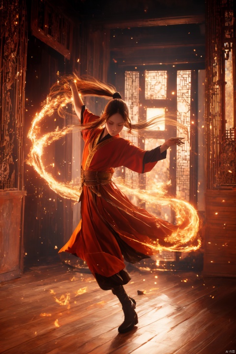  orang-aura,using orang-magic,orang-magic,ancient-costume,dancing,solo,1girl,fire,long hair,ponytail,,