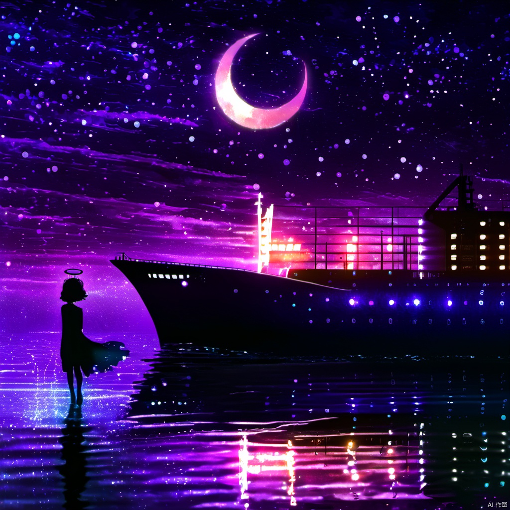  ,a person standing on a beach next to a large ship at night with a full moon in the sky, 1girl, solo, short hair, dress, standing, outdoors, sky, cloud, water, night, halo, moon, star \(sky\), night sky, scenery, starry sky, crescent moon, building, reflection, city, fantasy, city lights, The image portrays a serene nighttime scene by a body of water. The sky is painted with hues of purple, blue, and a crescent moon. The water reflects the colors of the sky and the lights from the ship. On the left, a silhouette of a girl stands by the water's edge, gazing at the ship. She wears a dress and has a glowing headpiece. The ship, illuminated with lights, appears to be a large vessel with multiple decks. The entire scene is bathed in a magical ambiance, with sparkles and particles floating in the air, adding to the dreamy atmosphere., body of water, ship, girl, headpiece, decks, magical ambiance, sparkles, particles