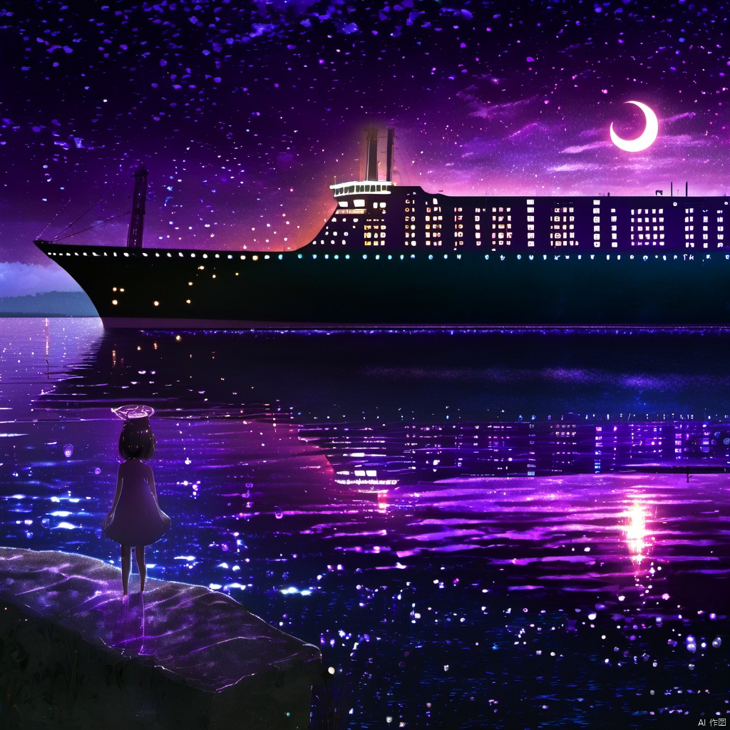  ,a person standing on a beach next to a large ship at night with a full moon in the sky, 1girl, solo, short hair, dress, standing, outdoors, sky, cloud, water, night, halo, moon, star \(sky\), night sky, scenery, starry sky, crescent moon, building, reflection, city, fantasy, city lights, The image portrays a serene nighttime scene by a body of water. The sky is painted with hues of purple, blue, and a crescent moon. The water reflects the colors of the sky and the lights from the ship. On the left, a silhouette of a girl stands by the water's edge, gazing at the ship. She wears a dress and has a glowing headpiece. The ship, illuminated with lights, appears to be a large vessel with multiple decks. The entire scene is bathed in a magical ambiance, with sparkles and particles floating in the air, adding to the dreamy atmosphere., body of water, ship, girl, headpiece, decks, magical ambiance, sparkles, particles