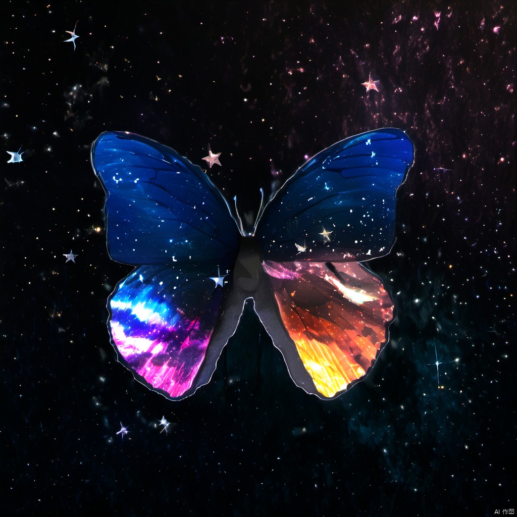  ,a butterfly with a colorful wing is shown in the dark sky with stars and a bright light coming from the wing, solo, outdoors, wings, sky, no humans, bug, butterfly, nature, scenery, forest, flying, sunset, silhouette, butterfly wings, cloud, star \(sky\), starry sky, pillar, The image showcases a vividly colored butterfly with wings that appear to be made of a translucent material, revealing a cosmic scene within. The wings are predominantly blue with hints of pink and orange, reminiscent of a galaxy or nebula. The background is dark, possibly representing a night sky or a rocky surface, and is adorned with sparkling stars and a bright shooting star. The butterfly's body is black, contrasting sharply with the vibrant wings., image, translucent material, cosmic scene, galaxy or nebula, dark background, sparkling stars, bright shooting star