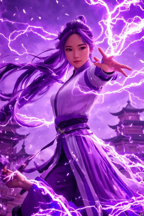 purple-lightning-aura,using purple-lightning-magic,purple-lightning-magic,ancient-costume,dancing,fighting stance,1girl,solo,long hair,brown hair,,purple-aura