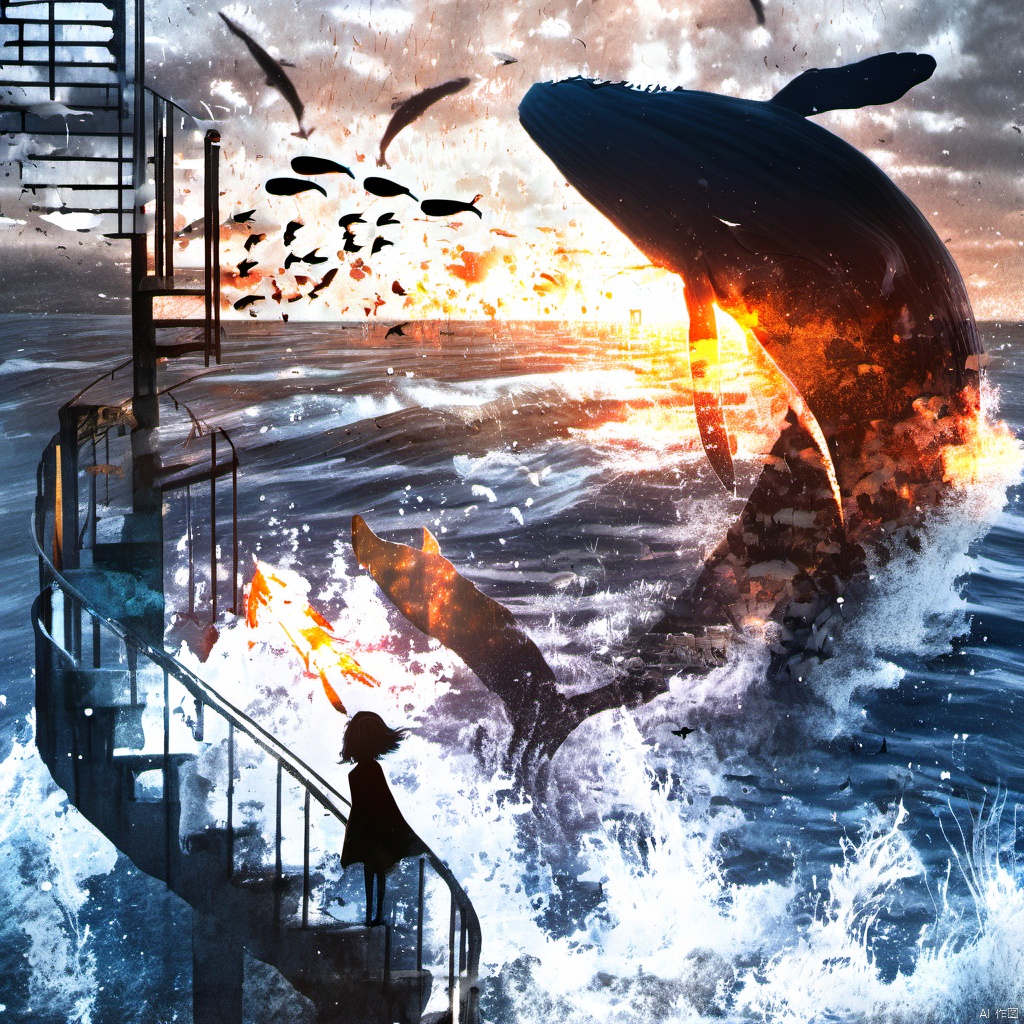  ,a woman standing on a stair case next to a fire hydrant in the water with birds flying around, 1girl, solo, short hair, dress, standing, outdoors, water, scenery, fish, silhouette, whale, shadow, railing, surreal, The image portrays a surreal and dramatic scene set against a backdrop of a vast, turbulent sea. Dominating the foreground is a massive, dark whale, seemingly emerging from the water with its tail raised. The sea is filled with smaller fish, creating a shimmering effect. To the right, a lone figure stands on a spiral staircase, gazing out at the sea. The sky is filled with birds, possibly seagulls, flying in various directions. The overall mood of the image is intense, with the juxtaposition of the massive whale and the solitary figure adding to the drama., sea, staircase, figure, birds, drama