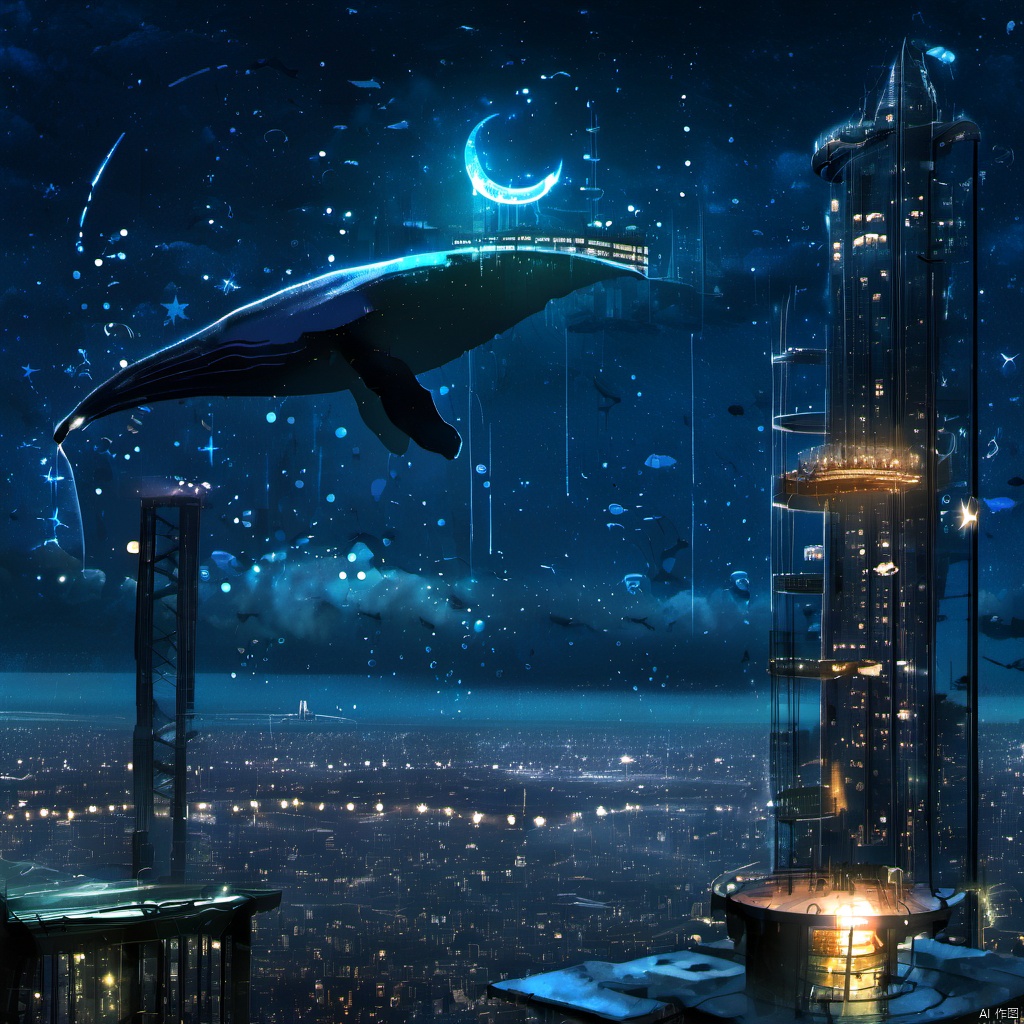  ,a futuristic city with a futuristic flying object in the sky above it and a city in the distance with stars and lights, sky, star \(symbol\), no humans, night, building, star \(sky\), scenery, city lights, whale, 1girl, cloud, moon, night sky, starry sky, fish, bubble, city, cityscape, surreal, The image portrays a surreal and futuristic nighttime scene. Dominating the foreground is a large, metallic platform with a person standing on it, gazing out at the vast expanse below. The platform is elevated and appears to be connected to a tall, slender tower. The city below is illuminated with a myriad of lights, suggesting a bustling urban environment. Floating above the city is a massive whale, which has been transformed into a floating city. This city is adorned with various structures, including domes, spires, and other architectural marvels. The sky is filled with stars, and there are numerous celestial bodies, including a large moon, shining brightly. The overall atmosphere is one of wonder, mystery, and awe., platform, tower, domes, architectural marvels, stars, atmosphere