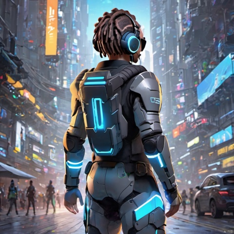  ,,(full body:2),smile.from behind,short_hair,1boy,grin,headphones,dreadlocks,brown_hair,sunglasses,teech,luminous led arm,the ground reflects human shadows,sneakers,futuristic armored suit,wearing a futuristic armored suit,led screen,there is a glowing led logo on the clothes,there are glowing led tubes on the clothes,glowing clothes,very dense and numerous led light-emitting tubes on the clothes,future style clothing,