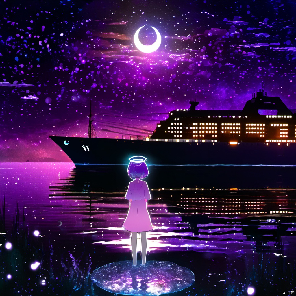  ,a person standing on a beach next to a large ship at night with a full moon in the sky, 1girl, solo, short hair, dress, standing, outdoors, sky, cloud, water, night, halo, moon, star \(sky\), night sky, scenery, starry sky, crescent moon, building, reflection, city, fantasy, city lights, The image portrays a serene nighttime scene by a body of water. The sky is painted with hues of purple, blue, and a crescent moon. The water reflects the colors of the sky and the lights from the ship. On the left, a silhouette of a girl stands by the water's edge, gazing at the ship. She wears a dress and has a glowing headpiece. The ship, illuminated with lights, appears to be a large vessel with multiple decks. The entire scene is bathed in a magical ambiance, with sparkles and particles floating in the air, adding to the dreamy atmosphere., body of water, ship, girl, headpiece, decks, magical ambiance, sparkles, particles