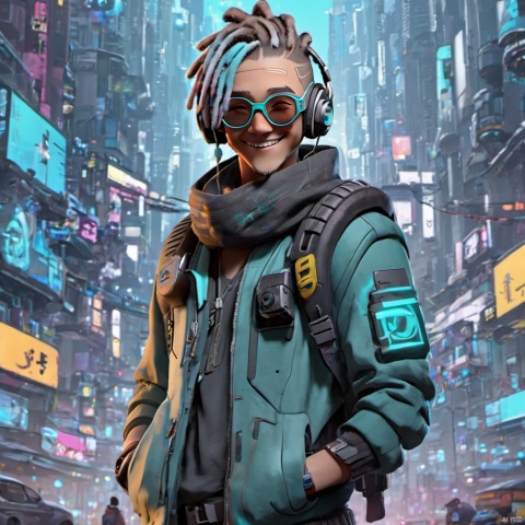  ,,(full body:2),solo,smile,front view,short_hair,1boy,jacket,closed_eyes,male_focus,outdoors,glasses,teeth,bag,scarf,grin,headphones,backpack,city,dreadlocks,cyan_hair,sunglasses,ground_vehicle,building,motor_vehicle,cyberpunk,cyberpunk clothes,growing clothes,there is glowing led decorations in the middle of the hair, lida