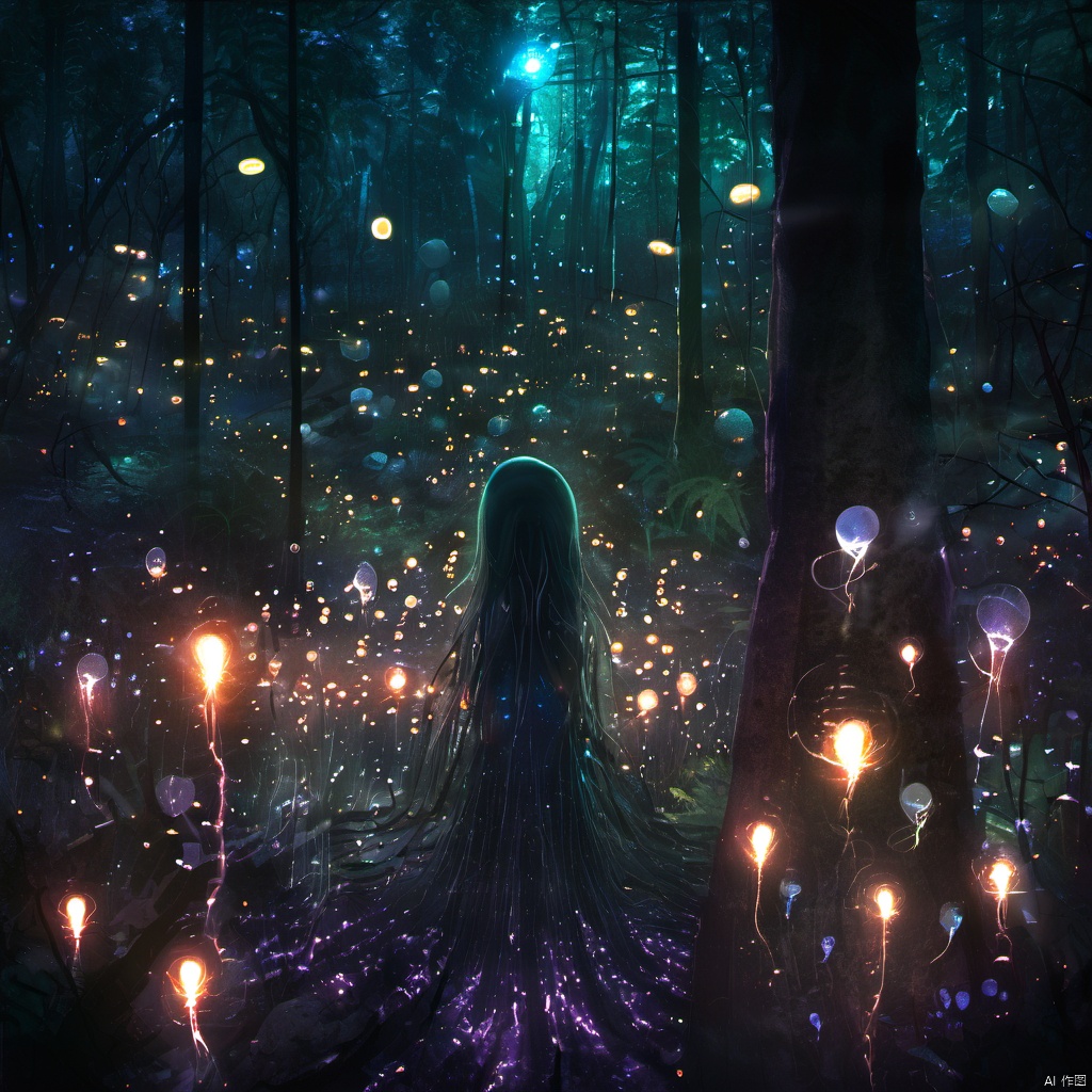  ,The image portrays a mystical and ethereal forest scene at night. The forest floor is illuminated by a myriad of glowing orbs, some of which resemble fireflies, while others have a more luminescent quality. These orbs cast a soft, radiant light that contrasts with the darker shadows of the trees and foliage. In the center of the image, there's a tall, glowing figure with long, flowing hair, standing amidst the orbs. The figure appears to be made of a translucent material, allowing the light to pass through it. The overall ambiance of the image is serene, magical, and otherworldly., forest, nocturnal, glow, orbs, fireflies, radiant light, glowing, luminescent, figure, translucent, ambiance