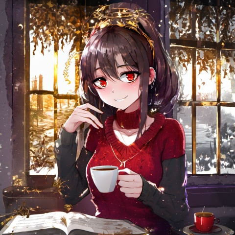yor briar,1girl,bangs,black pantyhose,book,bookshelf,breasts,cleavage,coffee,coffee mug,cup,earrings,gold earrings,gold hairband,hairband,jewelry,long hair,long sleeves,looking at viewer,medium breasts,mug,off-shoulder sweater,off shoulder,out of frame,pantyhose,plant,red eyes,red sweater,smile,solo,sweater,white hairband,window,
Best quality,masterpiece,ultra high res,,, pleasant color, optimistic, warm illumination, deep aesthetic, sublime wonderful atmosphere, magic, pretty, dynamic dramatic cinematic light, ambient background, rich vibrant colors, beautiful detailed glossy intricate stunning amazing composition, exquisite detail, professional, extremely best, mystical surreal, striking, imposing, complex, appealing, epic, sharp focus, creative