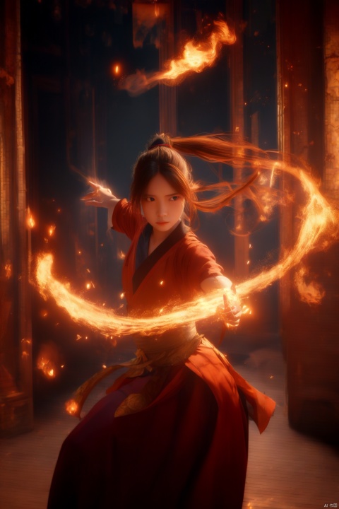  orang-aura,using orang-magic,orang-magic,ancient-costume,dancing,solo,1girl,fire,long hair,ponytail,,