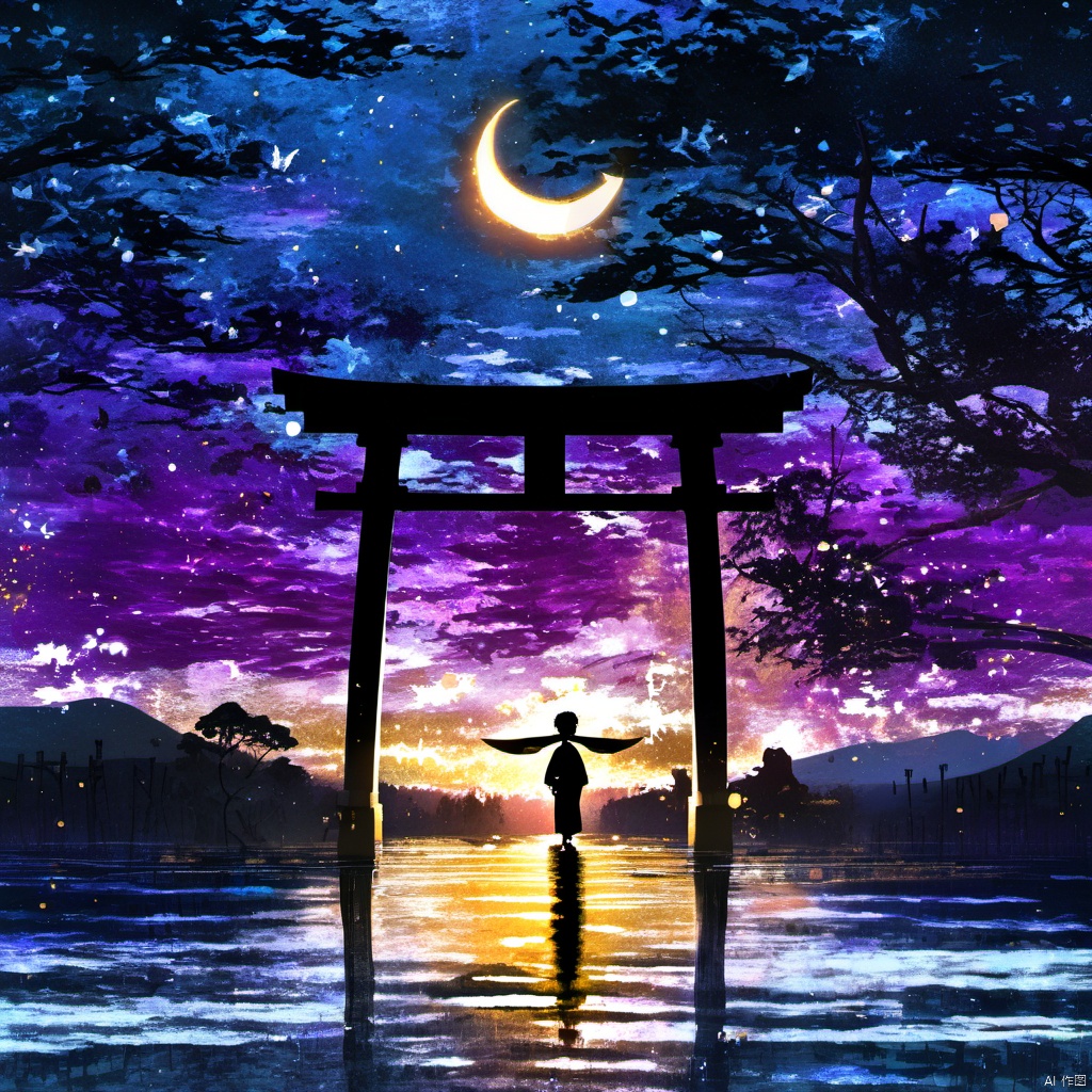  ,The image portrays a serene and mystical night scene. In the foreground, there's a silhouette of a person standing in front of a large, ornate torii gate. The gate is illuminated from the inside, casting a warm, golden glow. The person is dressed in traditional attire, possibly a kimono, and is facing away from the viewer, looking towards the horizon. The background is filled with a mesmerizing blend of colors, predominantly blues and purples, representing the night sky. There are numerous stars scattered throughout, and a crescent moon is visible in the center. The water below reflects the colors of the sky, adding to the tranquility of the scene. On the right side, there's a silhouette of a butterfly, adding a touch of life and movement to the otherwise still image., serene, mystical, night scene, torii gate, golden glow, traditional attire, crescent moon, stars, water, butterfly, silhouette