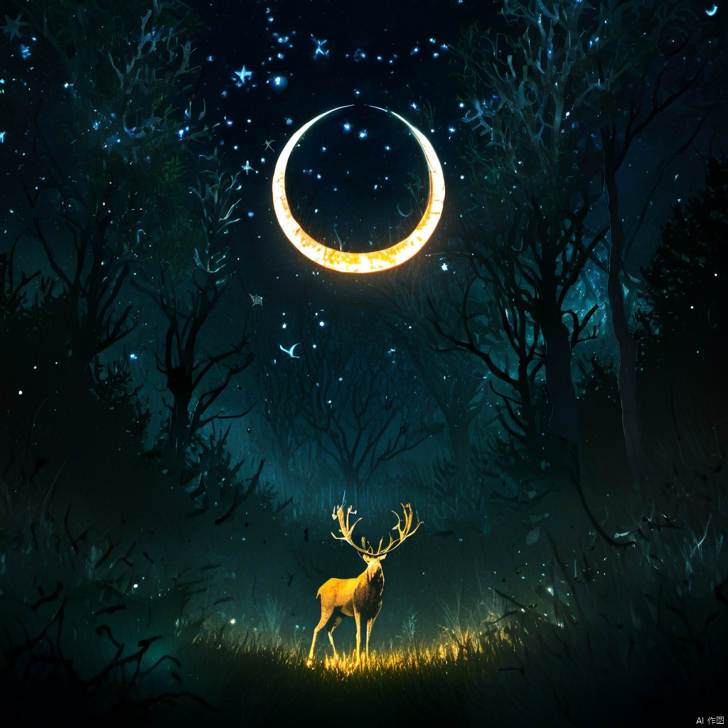  ,a deer standing in the middle of a forest under a crescent moon and stars filled sky with stars and a crescent, outdoors, sky, tree, no humans, night, glowing, moon, grass, star \(sky\), nature, night sky, scenery, starry sky, silhouette, dark, antlers, crescent moon, deer, solo, forest, The image showcases a mystical and enchanting nighttime forest scene. Dominating the sky is a large, glowing crescent moon, casting a soft light over the landscape. The forest is dense with trees, their branches intertwining and forming a canopy. The ground is covered with grass and small plants, and there are a few birds flying in the distance. In the foreground, a majestic stag with large antlers stands, its silhouette illuminated by a soft, golden light. The entire scene is bathed in a blend of cool and warm tones, creating a sense of wonder and magic., mystical, enchanting, nighttime, plants, birds, stag, golden light, tones