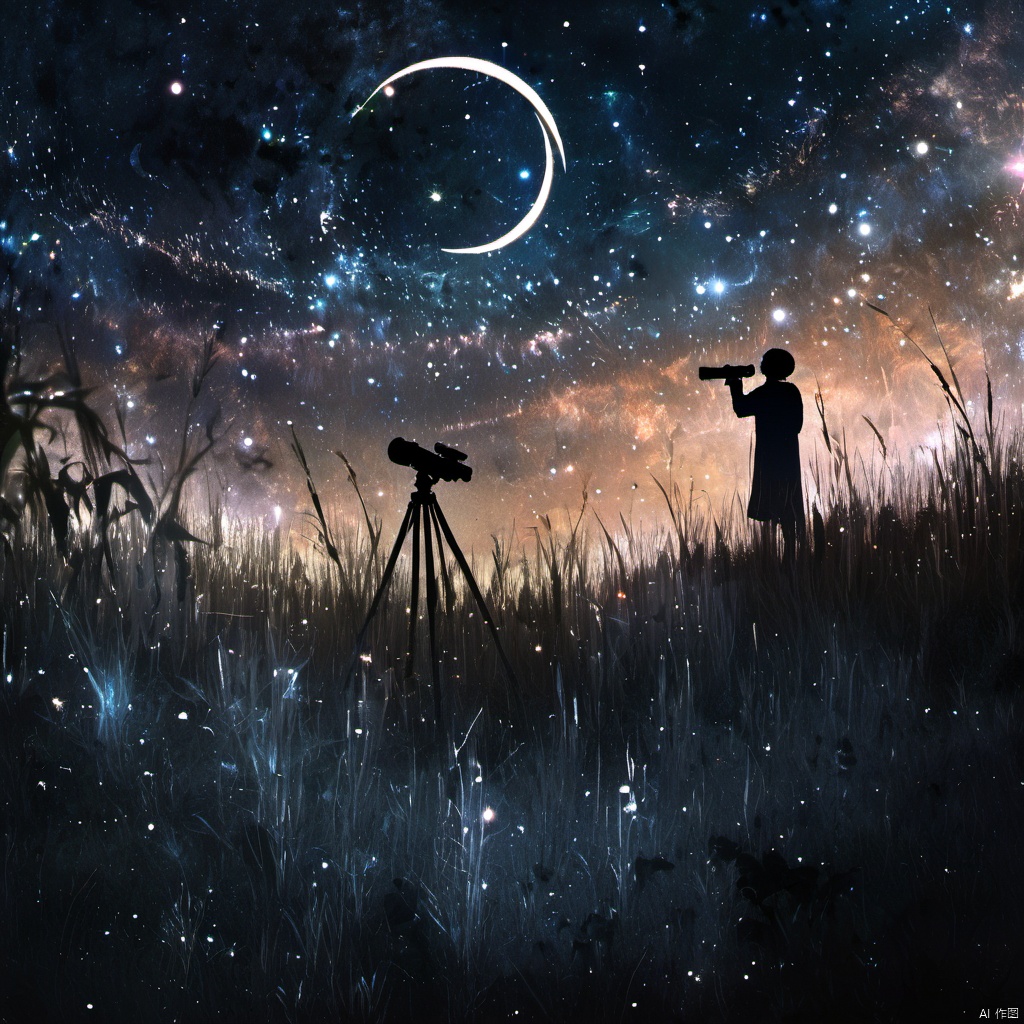  ,The image showcases a breathtaking cosmic scene where a vast expanse of the universe is visible. The sky is filled with a myriad of stars, nebulae, and a crescent moon. A silhouette of a person stands in the foreground, gazing up at the celestial display. The person appears to be holding a small object, possibly a telescope or a camera, capturing the moment. The ground is covered with tall grasses, and the overall ambiance of the image is serene and awe-inspiring., cosmic scene, vast expanse of the universe, nebulae, crescent moon, silhouette of a person, telescope, camera, grasses, ambiance