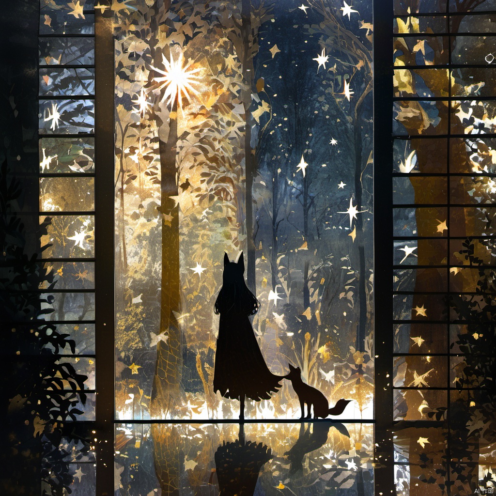  ,The image showcases a serene and dreamlike scene set against a backdrop of a forest. A silhouette of a person, possibly a girl, stands in the center, holding a fox-like creature by its tail. The person is dressed in a long dress and appears to be gazing into the distance. The forest is illuminated by a soft, golden light, and there are various elements like leaves, branches, and possibly fireflies scattered throughout. The image is framed by a window or sliding door on the left, which has a grid pattern. The entire scene is overlaid with a myriad of abstract shapes, stars, and patterns, giving it a magical and ethereal quality., serene, dreamlike, forest, silhouette, fox-like creature, dress, gaze, grid pattern, magical, ethereal