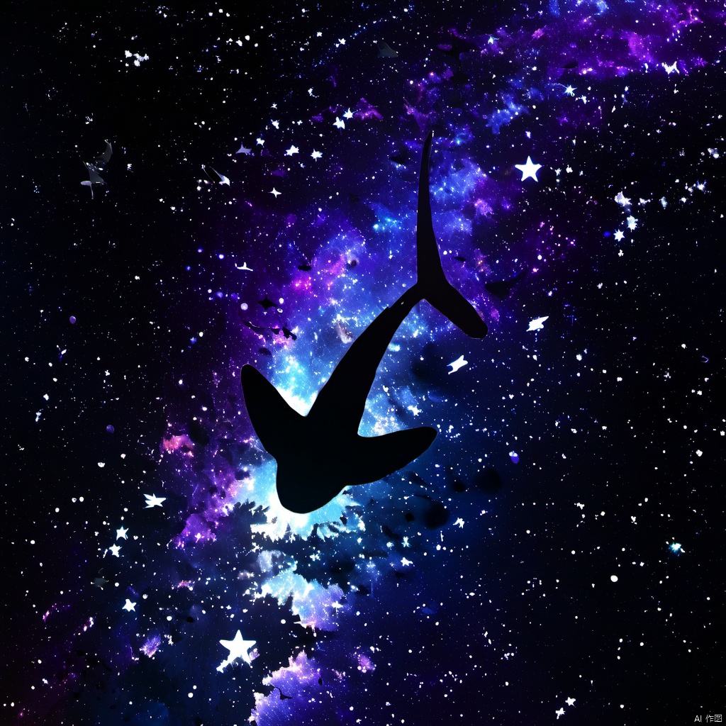  ,a space scene with a large group of birds flying through the sky and a lot of stars in the background, solo, monochrome, sky, no humans, night, star \(sky\), scenery, starry sky, fish, blue theme, silhouette, 1girl, moon, night sky, space, pillar, The image showcases a mesmerizing cosmic scene where a silhouette of a shark is swimming amidst a vast expanse of space. The backdrop is a vibrant blend of deep blues, purples, and hints of white, reminiscent of a galaxy or nebula. The shark, with its elongated body and tail, appears to be swimming upwards, with its silhouette contrasting sharply against the luminescent cosmic backdrop. The image evokes a sense of wonder, mystery, and the vastness of the universe., shark, cosmic scene, vast expanse of space, galaxy or nebula, elongated body, tail, luminescent, wonder, universe