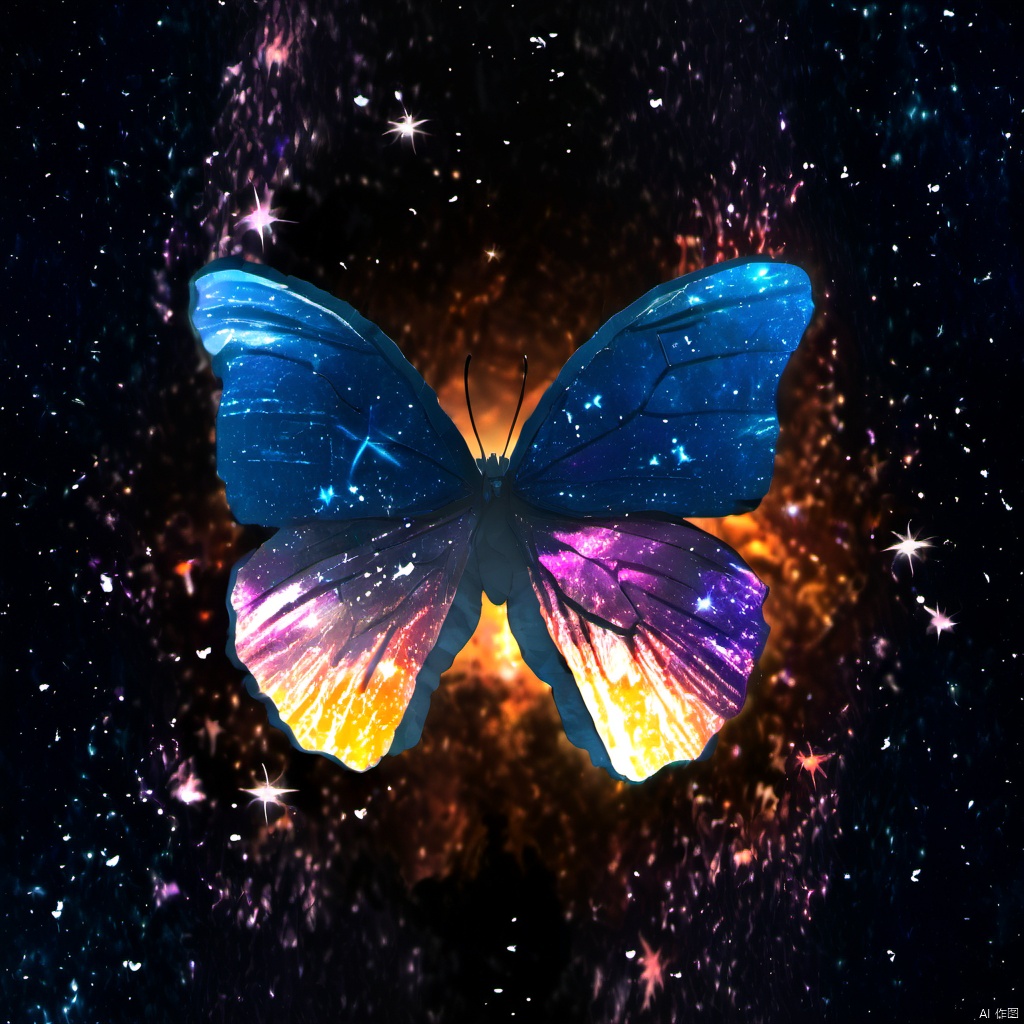  ,a butterfly with a colorful wing is shown in the dark sky with stars and a bright light coming from the wing, solo, outdoors, wings, sky, no humans, bug, butterfly, nature, scenery, forest, flying, sunset, silhouette, butterfly wings, cloud, star \(sky\), starry sky, pillar, The image showcases a vividly colored butterfly with wings that appear to be made of a translucent material, revealing a cosmic scene within. The wings are predominantly blue with hints of pink and orange, reminiscent of a galaxy or nebula. The background is dark, possibly representing a night sky or a rocky surface, and is adorned with sparkling stars and a bright shooting star. The butterfly's body is black, contrasting sharply with the vibrant wings., image, translucent material, cosmic scene, galaxy or nebula, dark background, sparkling stars, bright shooting star