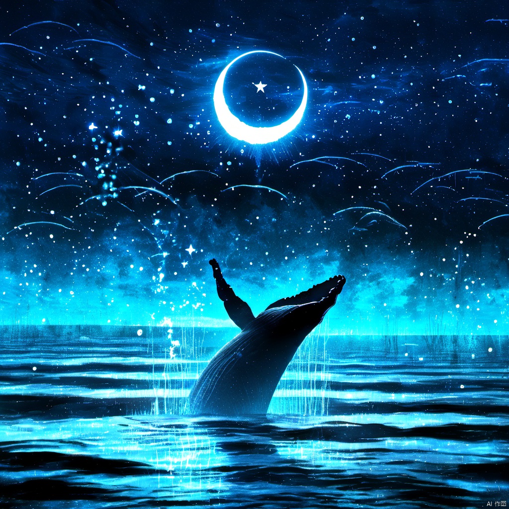  ,a whale jumping out of the water at night with stars and a crescent above it and a crescent of stars above it, outdoors, sky, water, no humans, night, animal, moon, star \(sky\), night sky, scenery, starry sky, reflection, fish, blue theme, crescent moon, whale, The image showcases a breathtaking nighttime scene over a body of water. Dominating the foreground is a majestic whale, its tail raised high, seemingly leaping out of the water. The whale is illuminated with a radiant blue glow, contrasting beautifully against the dark backdrop. Above the whale, the sky is awash with a myriad of stars, forming intricate patterns and trails. A crescent moon hangs in the sky, adding to the ethereal ambiance. The water below reflects the stars and the moon, creating a mirror-like effect. The overall mood of the image is one of wonder, serenity, and the beauty of nature., body of water, nighttime scene, stars, trails, ethereal ambiance, wonder