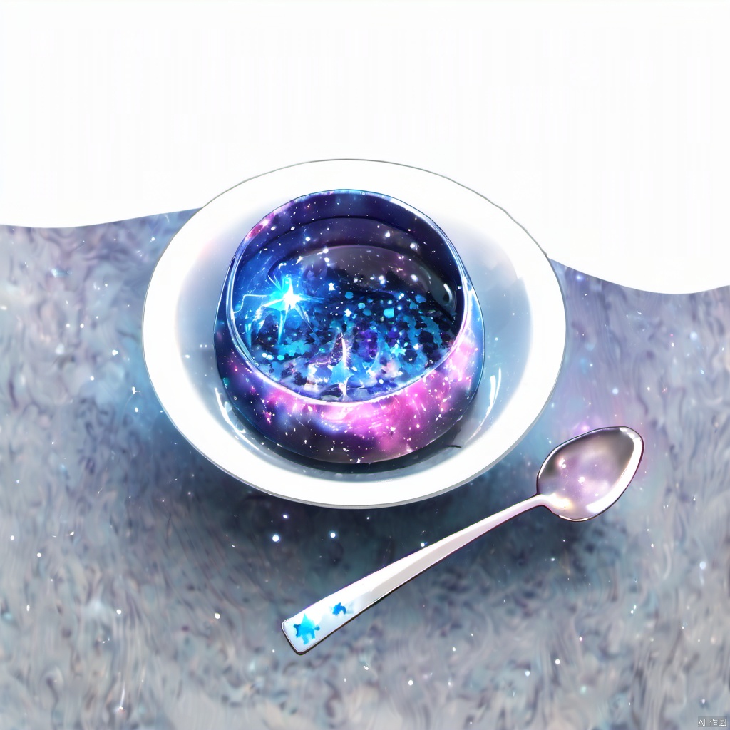  ,a bowl with a spoon inside of it with a star design on it and a spoon in the bowl, simple background, white background, food, sky, no humans, fruit, star \(sky\), plate, starry sky, spoon, food focus, still life, dessert, galaxy, night sky, reflection, saucer, The image showcases a bowl containing a gelatinous substance that has been artistically designed to resemble a galaxy. The substance is vibrant with hues of blue, purple, and pink, with shimmering specks that mimic stars. A spoon is placed next to the bowl, suggesting that the substance is ready to be consumed. The background is plain white, which accentuates the vivid colors of the galaxy-like substance., bowl, gelatinous substance, hues of blue, pink, shimmering specks, background