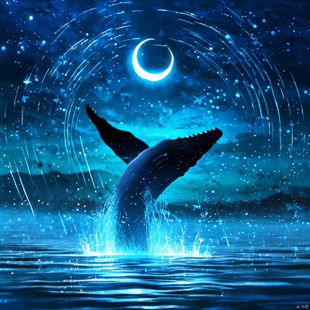  ,a whale jumping out of the water at night with stars and a crescent above it and a crescent of stars above it, outdoors, sky, water, no humans, night, animal, moon, star \(sky\), night sky, scenery, starry sky, reflection, fish, blue theme, crescent moon, whale, The image showcases a breathtaking nighttime scene over a body of water. Dominating the foreground is a majestic whale, its tail raised high, seemingly leaping out of the water. The whale is illuminated with a radiant blue glow, contrasting beautifully against the dark backdrop. Above the whale, the sky is awash with a myriad of stars, forming intricate patterns and trails. A crescent moon hangs in the sky, adding to the ethereal ambiance. The water below reflects the stars and the moon, creating a mirror-like effect. The overall mood of the image is one of wonder, serenity, and the beauty of nature., body of water, nighttime scene, stars, trails, ethereal ambiance, wonder