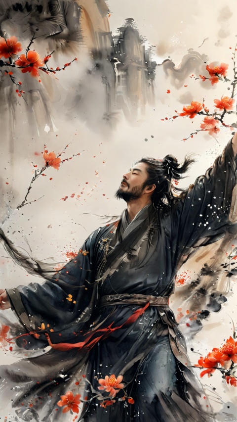  a chinese ancient male hero among flowers, beard,((open arms)),hold up his head,drinking from a small black porcelain cup,bold crazy excited passionate expression,laughing ,((opened black cloth)),from below,detailed face,c,warm tone,afternoon, ethereal atmosphere, evocative hues, captivating coloration, dramatic lighting, enchanting aura, masterpiece, best quality, epic cinematic, soft nature lights, rim light, amazing, hyper detailed, ultra realistic, soft colors, photorealistic, Ray tracing, Cinematic Light, light source contrast, ananmo, ink paniting,traditional chinese ink painting,