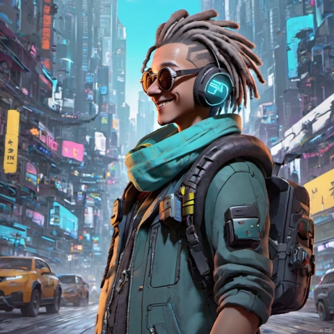  ,,(full body:2),solo,smile,front view,short_hair,1boy,jacket,closed_eyes,male_focus,outdoors,glasses,teeth,bag,scarf,grin,headphones,backpack,city,dreadlocks,cyan_hair,sunglasses,ground_vehicle,building,motor_vehicle,cyberpunk,cyberpunk clothes,growing clothes,there is glowing led decorations in the middle of the hair,