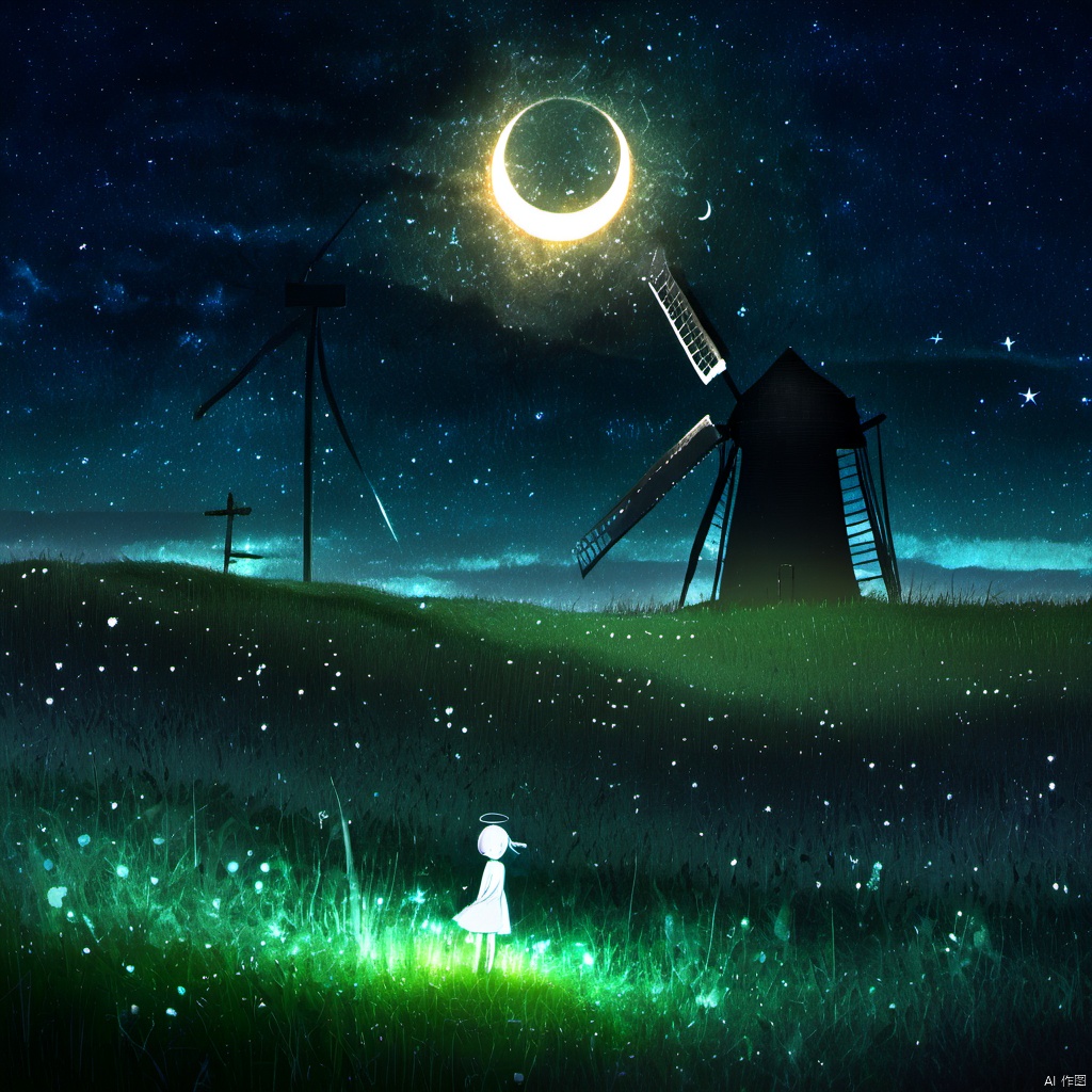  ,a person standing in a field of grass under a dark sky with a moon in the background and a windmill in the distance, 1girl, solo, short hair, flower, outdoors, sky, night, halo, moon, grass, star \(sky\), night sky, scenery, starry sky, dark, from behind, tree, glowing, angel, crescent moon, The image portrays a mesmerizing nighttime landscape. Dominating the scene is a vast, starry sky filled with countless stars and a radiant celestial body, possibly a moon or planet, casting a glow. The ground is covered in a luminescent, glowing grass that seems to be swaying in the wind. To the right, there's an old windmill, its sails and blades silhouetted against the cosmic backdrop. In the foreground, a lone figure, possibly a child, stands amidst the grass, gazing up at the celestial display. The overall ambiance of the image is ethereal and dreamlike, evoking feelings of wonder and contemplation., mesmerizing nighttime landscape, vast starry sky, radiant celestial body, luminescent grass, old windmill, sails, blades, child, ethereal dreamlike ambiance