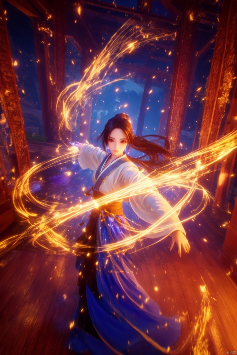  golden-aura,using golden-magic,golden-magic,ancient-costume,dancing,fighting stance,1girl,solo,,