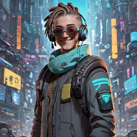  ,,(full body:2),solo,smile,front view,short_hair,1boy,jacket,closed_eyes,male_focus,outdoors,glasses,teeth,bag,scarf,grin,headphones,backpack,city,dreadlocks,brown_hair,sunglasses,ground_vehicle,building,motor_vehicle,cyberpunk,cyberpunk clothes,growing clothes,there is glowing led decorations in the middle of the hair,cyan,the bangs in front of the forehead are cyan,