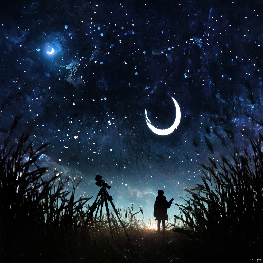  ,The image showcases a breathtaking cosmic scene where a vast expanse of the universe is visible. The sky is filled with a myriad of stars, nebulae, and a crescent moon. A silhouette of a person stands in the foreground, gazing up at the celestial display. The person appears to be holding a small object, possibly a telescope or a camera, capturing the moment. The ground is covered with tall grasses, and the overall ambiance of the image is serene and awe-inspiring., cosmic scene, vast expanse of the universe, nebulae, crescent moon, silhouette of a person, telescope, camera, grasses, ambiance