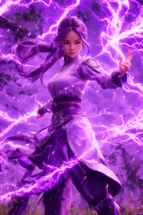 purple-lightning-aura,using purple-lightning-magic,purple-lightning-magic,ancient-costume,dancing,fighting stance,1girl,solo,long hair,brown hair,,purple-aura